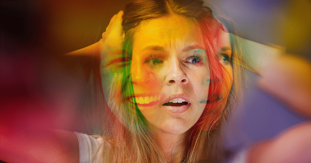 a woman's face is show displaying 3 different emotions