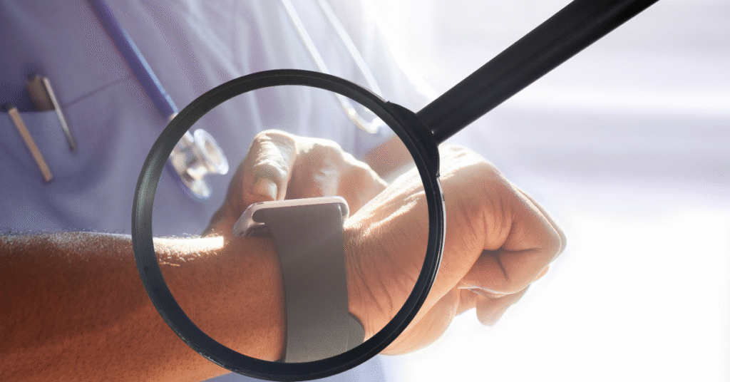 closeup of doctor pointing at his watch with magnifying glass superimposed